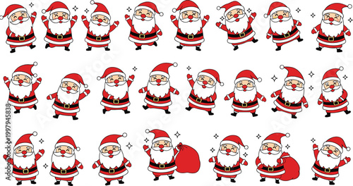 Cute Santa Claus Christmas Character Repeating Pattern Flat Vector Illustration Set with Waving Dancing and Bag Holding Festive Collection
