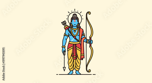 Hindu deity lord ram icon vector graphic blue skinned god with bow and arrow traditional indian attire halo religious symbol mythology spirituality culture hinduism lord rama