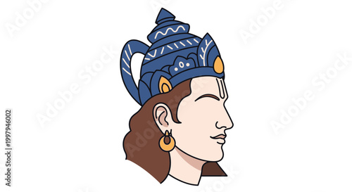 Minimalist illustration of a man wearing a blue turban and gold jewelry facing right with brown hair
