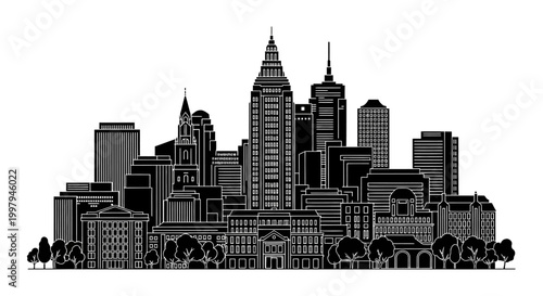 Black and white city skyline silhouette illustration