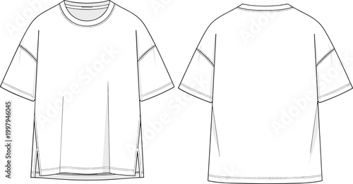 Women relaxed fit t-shirt technical flat sketch front and back view side slit hem casual apparel fashion design template