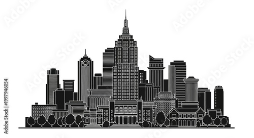Black and white city skyline silhouette illustration