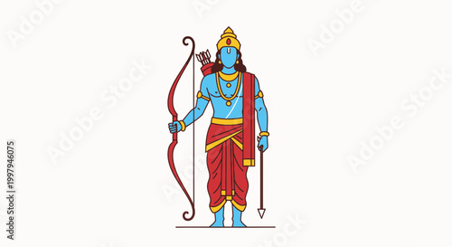 Hindu god lord ram vector icon with bow and arrow blue skin red and gold attire mythological symbol