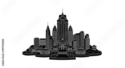 Black and white city skyline silhouette illustration