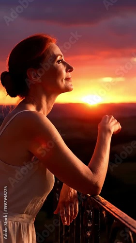 Peaceful woman watching sunset from balcony at golden hour