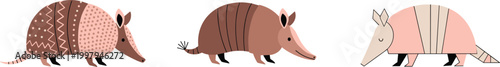 Cute Armadillo Animal Flat Vector Illustration Set with Different Styles Brown and Pink Geometric Cartoon Wildlife Character Collection