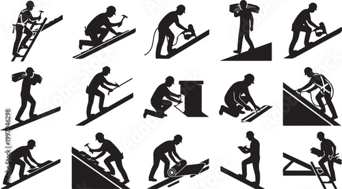 Set of roofer worker silhouettes, construction roofing icons, professional contractors installing shingles and waterproof membrane on roof.