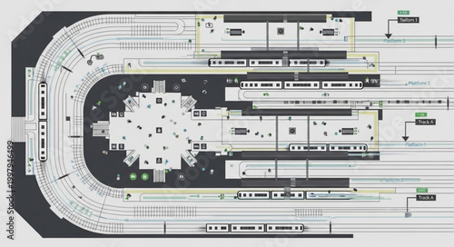 Detailed architectural blueprint of a complex train station layout.