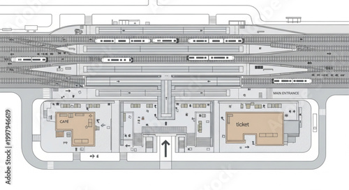 Architectural blueprint of a modern train station with platforms and buildings.