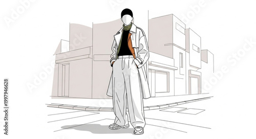 Stylish man in trench coat standing on city street illustration.