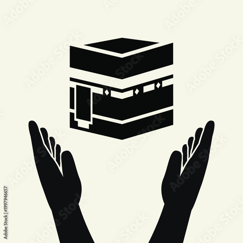 Minimalist vector illustration of raised hands in a praying gesture beneath the Kaaba, symbolizing Islamic worship, devotion, and spiritual connection