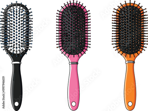 Colorful Hair Brush Set Flat Vector Illustration with Black Pink and Orange Paddle Brush Grooming and Beauty Hair Care Collection