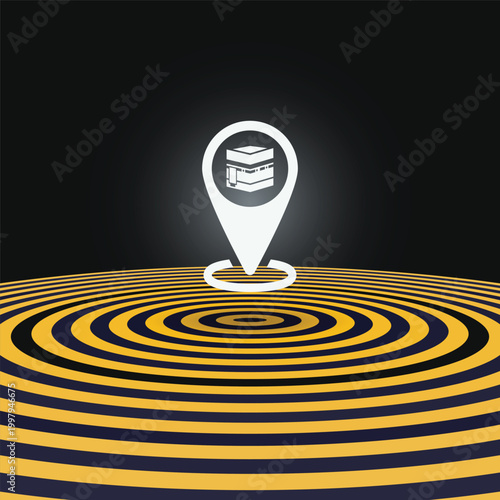 Modern vector illustration of a location pin featuring the Kaaba icon at its center, symbolizing a sacred destination and Islamic pilgrimage