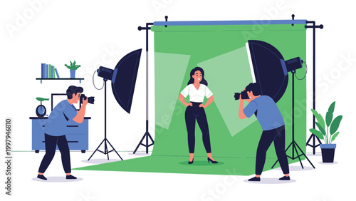 Two professional photographers taking photos of a female model standing in front of a green screen in a well-equipped studio.