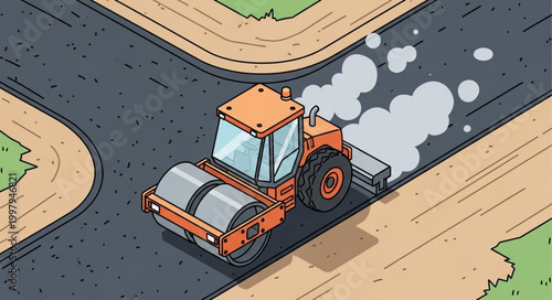 Orange steamroller compacting asphalt on a road construction site.