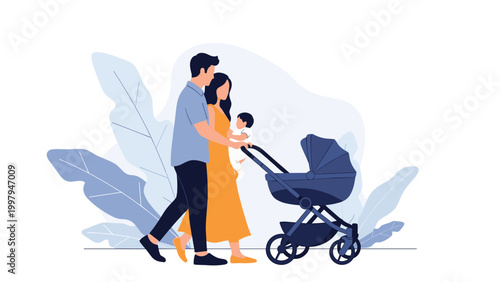 Young parents enjoying a pleasant walk together through a park while pushing their newborn baby in a dark blue stroller.