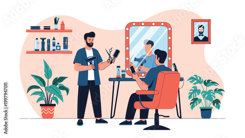 Professional barber using various styling tools to give a male customer a fresh haircut in a stylish and modern hair salon.