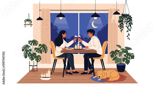 Romantic couple celebrating an anniversary with a candlelit dinner at home by a window overlooking the moonlit night sky.