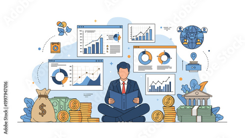 Financial expert sitting comfortably and reviewing a report surrounded by piles of cash and economic data visualizations.