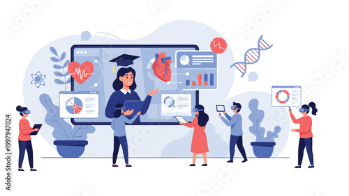 Medical students using virtual reality headsets to learn about human heart anatomy through an advanced digital platform.