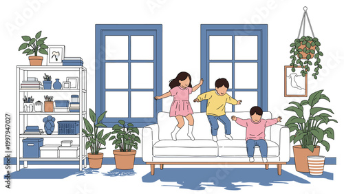 Group of energetic children having fun and jumping on a large white sofa in a bright and airy modern apartment living room.