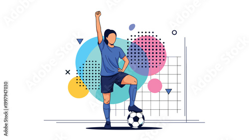 Confident female soccer player celebrating a winning goal with her foot on the ball and an arm raised high in victory.