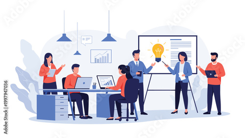 Collaborative team brainstorming session in a modern office with an idea lightbulb displayed on a large digital whiteboard.