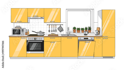 Contemporary kitchen interior featuring bright yellow cabinetry along with modern appliances and tidy cooking utensils.