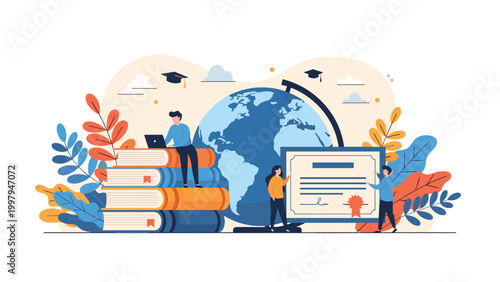Global education concept featuring diverse students with books and a degree certificate in front of a large world globe.
