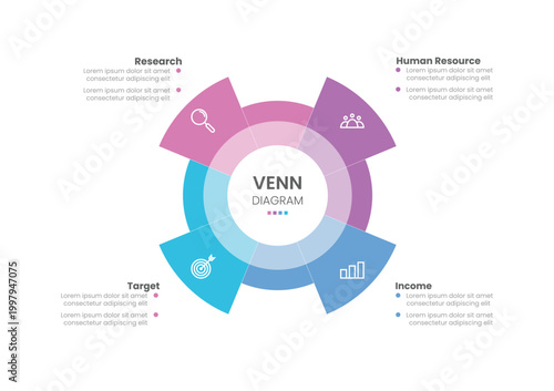 4 step, option, part or process circle wheel venn diagram infographic design