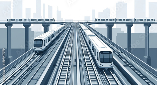 Two modern metro trains on elevated tracks in a city.