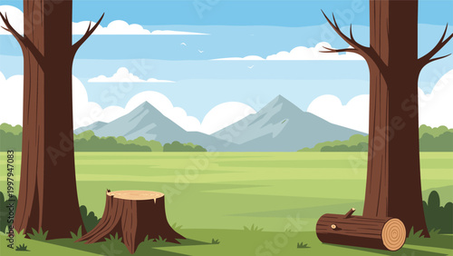 Environmental scene showing tree stumps and logs in a large open field representing the severe impact of deforestation.