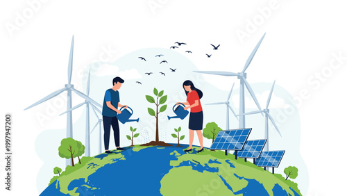 Environmental activists planting a tree on a green earth globe powered by clean wind and solar energy sources.