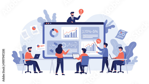 Dedicated team of data analysts and professionals collaborating on a large interactive business dashboard.