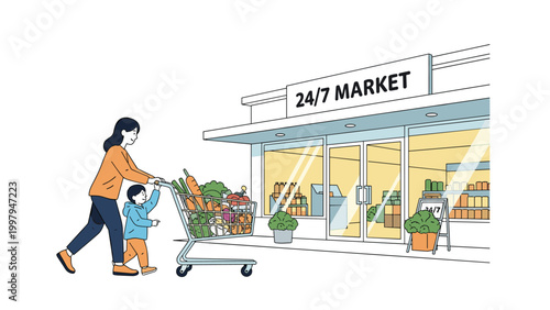 Young mother and her small child pushing a shopping cart full of fresh vegetables outside a modern twenty-four seven market building.