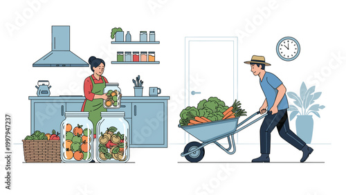 Hardworking gardener delivering a wheelbarrow of fresh carrots to a woman who is busy preserving and jarring various fruits in a kitchen.