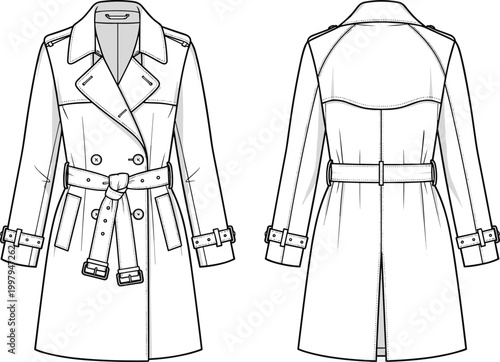 Women trench coat technical flat sketch front and back view double breasted belted outerwear detailed fashion garment design illustration
