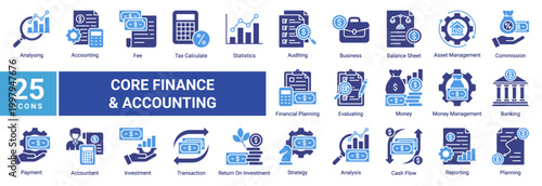 Financial accounting icon set featuring professional line icons for banking,tax,auditing,cash flow,investment,and business finance.Ideal for fintech apps,dashboards,and corporate use.