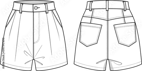 Women’s high waisted tailored shorts technical flat sketch front and back view with pockets, belt loops, stitching details fashion illustration