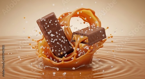 Potongan cokelat karamel jatuh menyipratkan cairan manis dengan taburan garam laut melambangkan kenikmatan rasa premium mewah