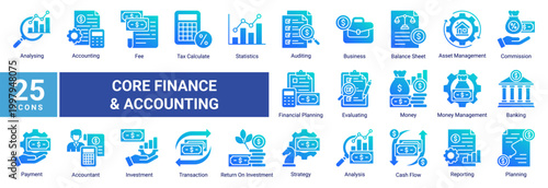 Financial accounting icon set featuring professional line icons for banking,tax,auditing,cash flow,investment,and business finance.Ideal for fintech apps,dashboards,and corporate use.