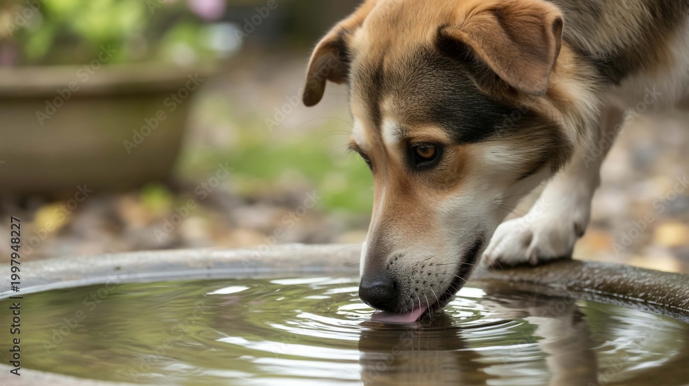Obraz premium A dog drinking water from a stone birdbath in a garden