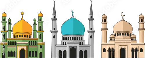 Colorful Islamic Mosque Architecture Flat Vector Illustration Set with Dome Minaret Crescent Moon and Muslim Prayer Building Collection