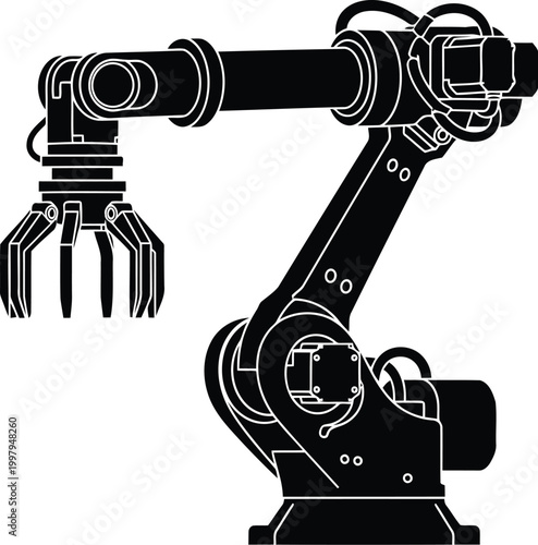 Robotic arm with claw gripper, industrial automation machine, factory manufacturing equipment.