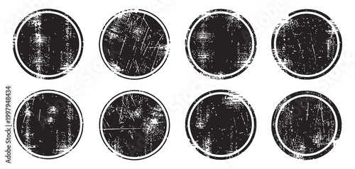 Black Grunge Ink Stamp Circles Set, Distressed Round Shape Stamp Collection Isolated on White Background, Vintage Badge Seal Templates for Ink, Label, and Logo Vector Design