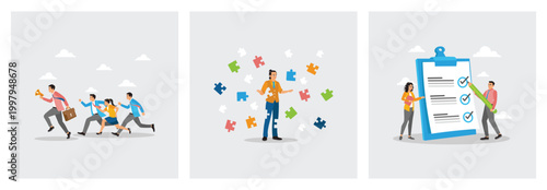 Business Team Running Forward. Man Stands Among Puzzle Pieces. Checklist  Procedure Step.