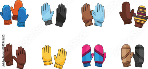 PrintColorful Winter Gloves and Mittens Flat Vector Illustration Set with Different Styles and Colors Cold Weather Hand Wear Fashion Collection