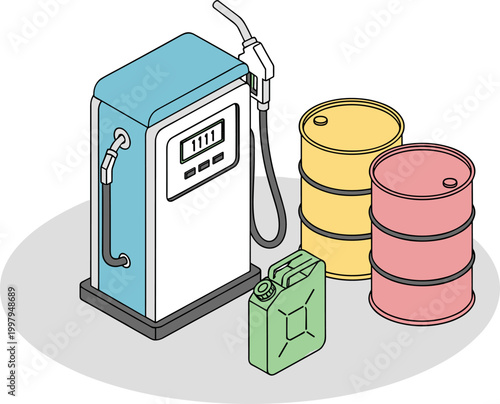 Vintage gas pump with colorful oil barrels and can in retro style for industrial business