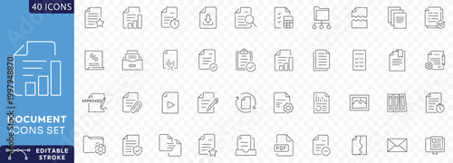 Document Line Editable Icons set. Containing paper, document, archive, folder, legal document, clipboard, mail, Etc . Fully Editable. Vector illustration.