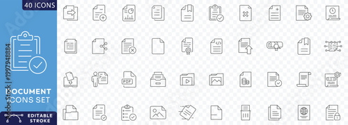 Document Line Editable Icons set. Containing paper, document, archive, folder, legal document, clipboard, mail, Etc . Fully Editable. Vector illustration.